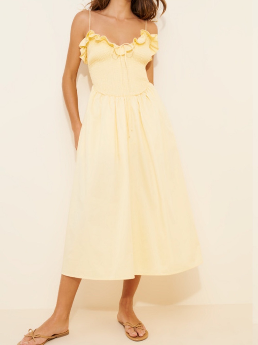 For Love & Lemons x Bethany Midi Dress XS Light Yellow Smocked Cotton